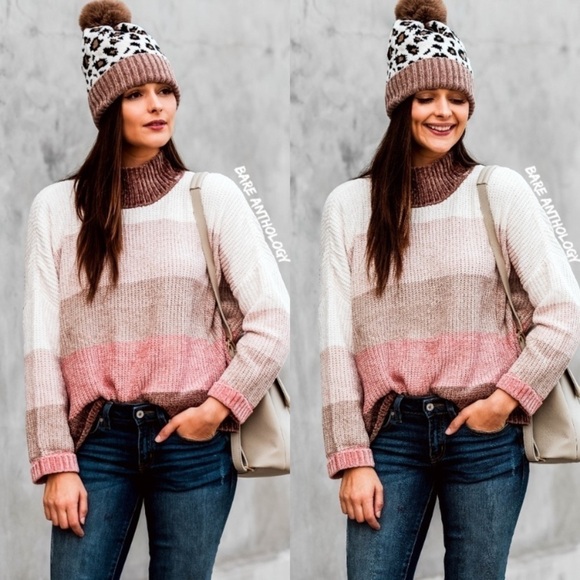 Mock Neck Color Block Soft Chenille Sweater - Picture 1 of 2
